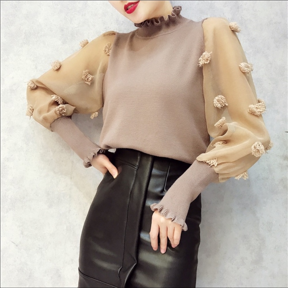 Sheer Textured Sleeve Knit Sweater Top - Picture 6 of 8